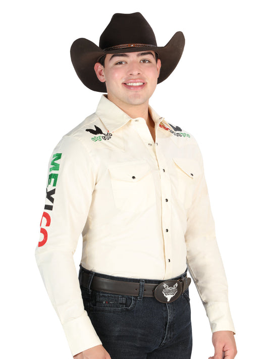 Beige Long Sleeve Mexico Embroidered Denim Shirt for Men 'El General' - ID: 44279 Western Shirt El General Beige