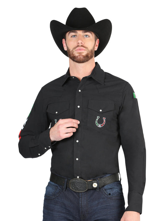 Camisa Vaquera Bordada Mexico Manga Larga Negro para Hombre 'El General' - ID: 44281 Camisas Bordadas El General Black