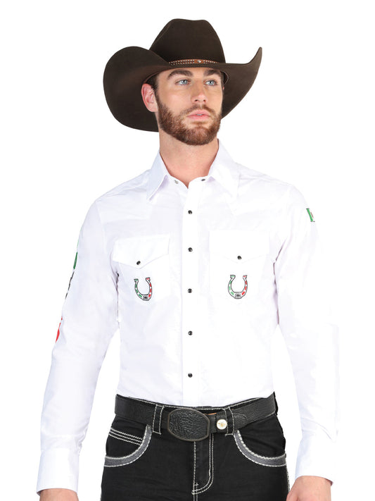 Camisa Vaquera Bordada Mexico Manga Larga Blanco para Hombre 'El General' - ID: 44282 Camisas Bordadas El General White