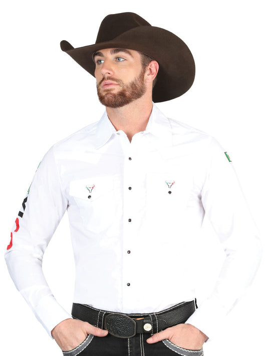 White Long Sleeve Mexico Embroidered Denim Shirt for Men 'El General' - ID: 44284 Western Shirt El General White