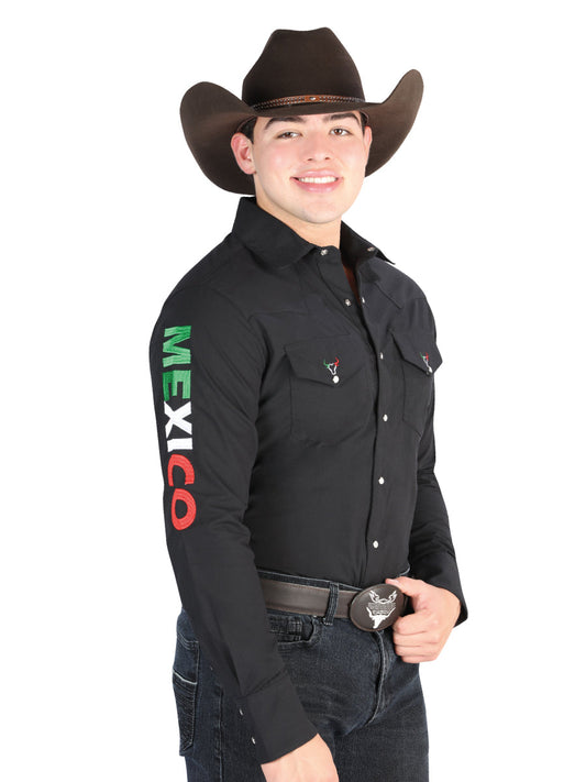 Embroidered Mexico Western Shirt Black Long Sleeve for Men 'El General' - ID: 44285 Western Shirt El General Black