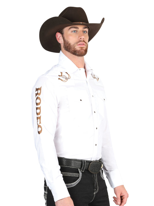 Camisa Vaquera Bordada Rodeo Manga Larga Blanco para Hombre 'El General' - ID: 44287
