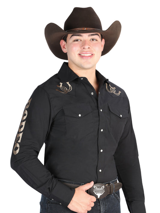 Black Long Sleeve Rodeo Embroidered Cowboy Shirt for Men 'El General' - ID: 44288 Western Shirt El General Black