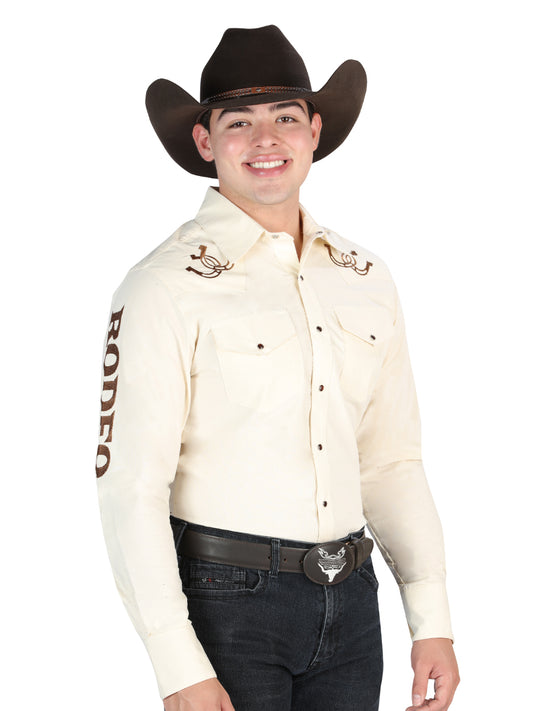 Beige Long Sleeve Rodeo Embroidered Denim Shirt for Men 'El General' - ID: 44289 Western Shirt El General Beige