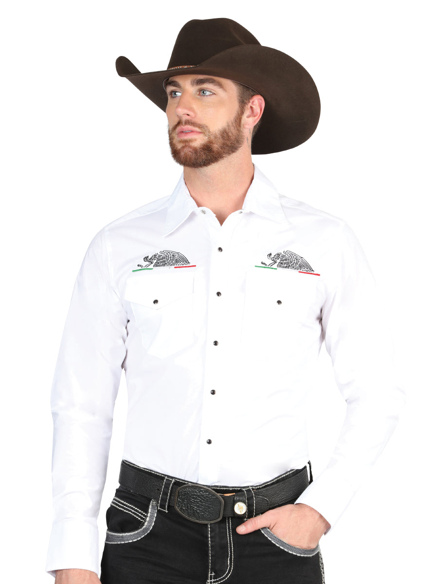 White Long Sleeve Eagle Embroidered Denim Shirt for Men 'El General' - ID: 44291 Western Shirt El General White