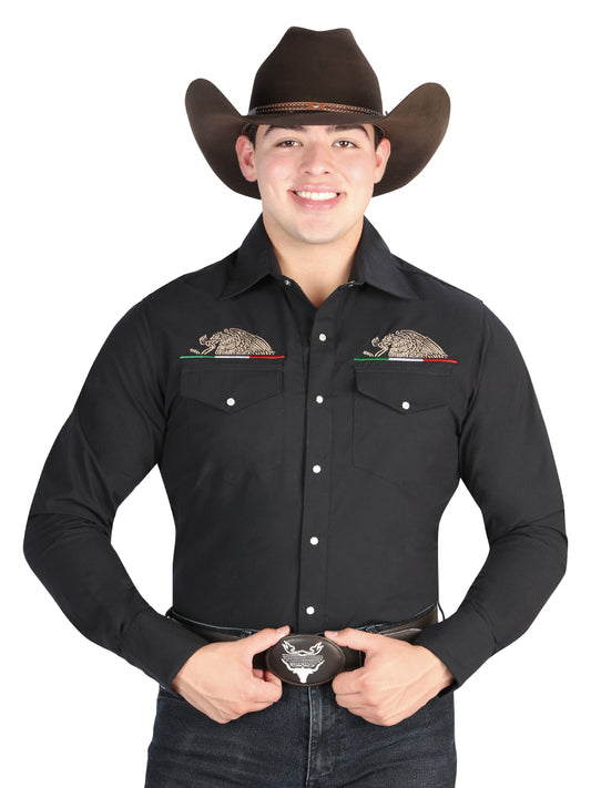 Black Long Sleeve Eagle Embroidered Denim Shirt for Men 'El General' - ID: 44292