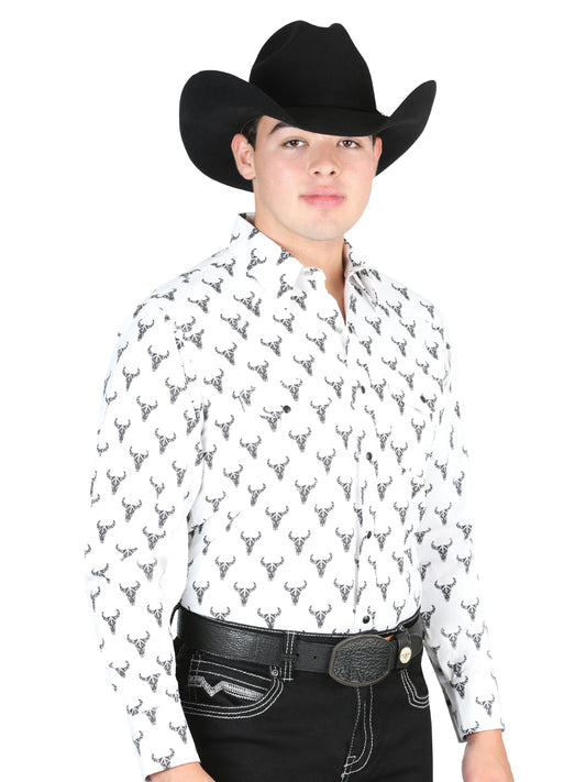 Camisa Vaquera Manga Larga de Broches Estampada Blanco para Hombre 'El General' - ID: 44305 Western Shirt El General White