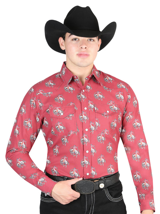 Red Printed Long Sleeve Denim Shirt with Brooches for Men 'El General' - ID: 44306