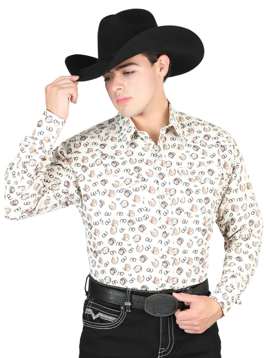 Camisa Vaquera Manga Larga de Broches Estampada Beige para Hombre 'El General' - ID: 44311 Western Shirt El General Beige