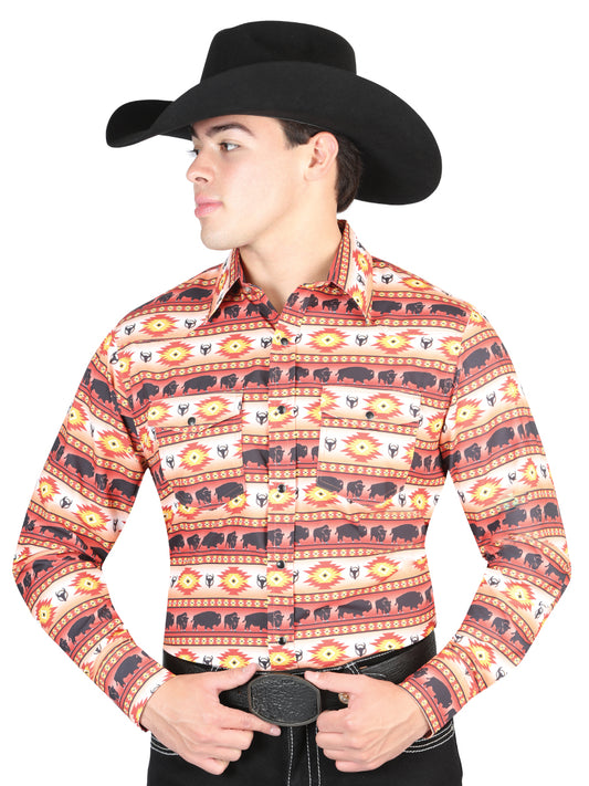 Orange Printed Long Sleeve Denim Shirt for Men 'El General' - ID: 44314 Western Shirt El General Orange