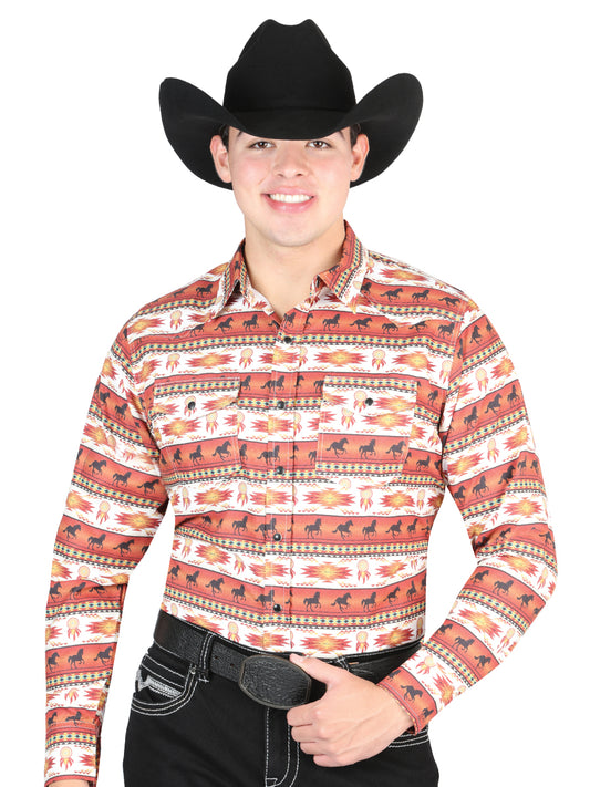 Camisa Vaquera Manga Larga de Broches Estampada Ladrillo para Hombre 'El General' - ID: 44315 Western Shirt El General Brick