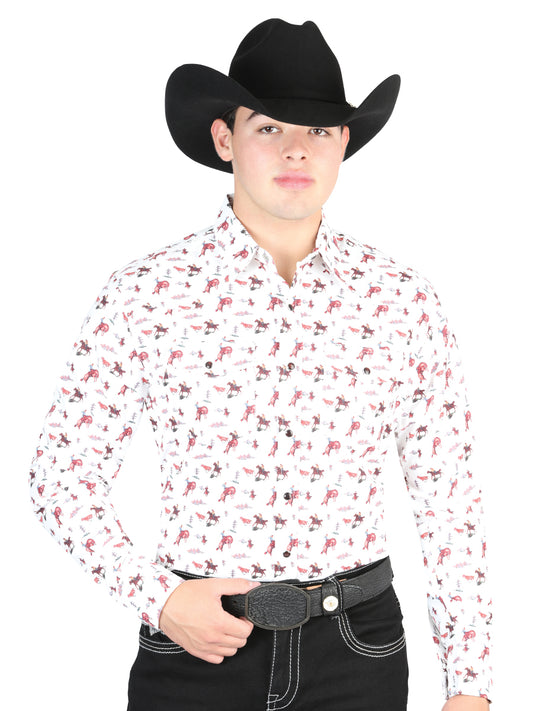 Camisa Vaquera Manga Larga de Broches Estampada Beige para Hombre 'El General' - ID: 44316 Western Shirt El General Beige