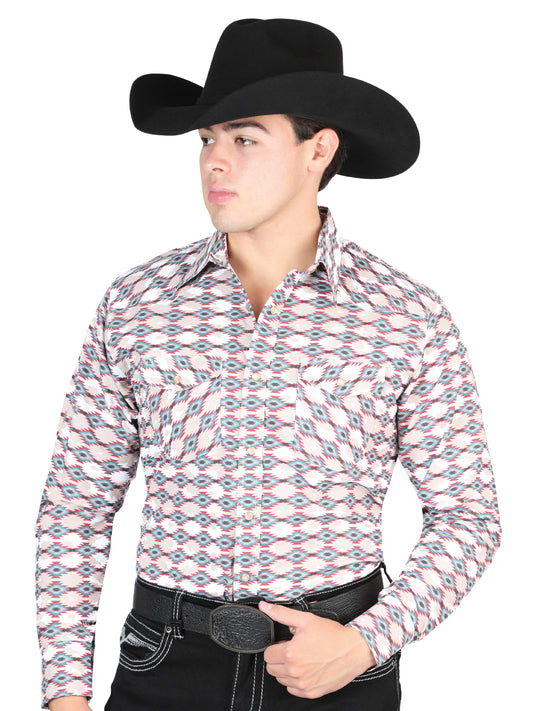 Khaki Printed Long Sleeve Denim Shirt with Brooches for Men 'El General' - ID: 44317