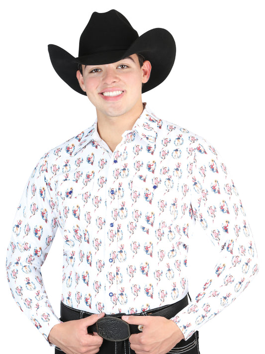 Camisa Vaquera Manga Larga de Broches Estampada Blanco para Hombre 'El General' - ID: 44318 Western Shirt El General White