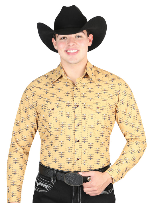 Yellow Printed Long Sleeve Denim Shirt for Men 'El General' - ID: 44323 Western Shirt El General Yellow