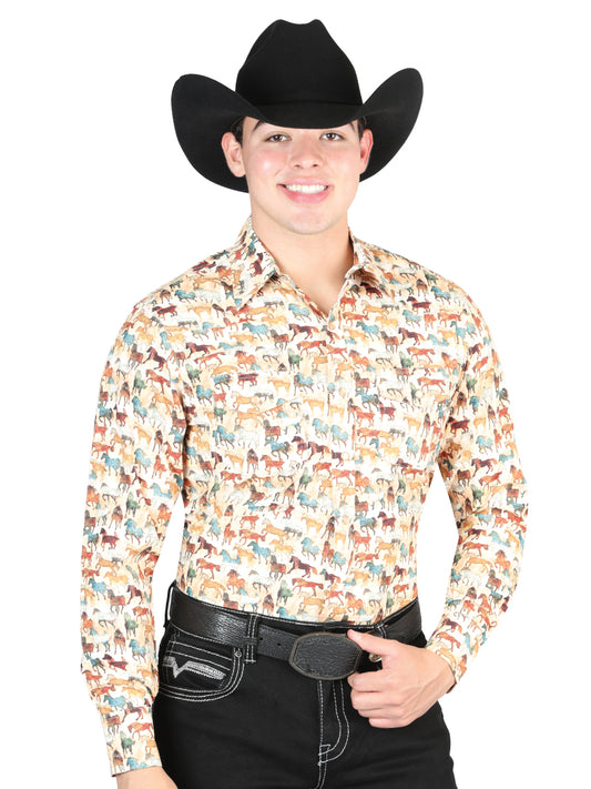 Camisa Vaquera Manga Larga de Broches Estampada Caqui para Hombre 'El General' - ID: 44324 Western Shirt El General Khaki