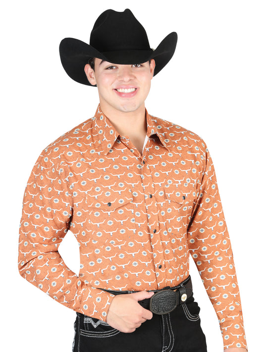 Camisa Vaquera Manga Larga de Broches Estampada Naranja para Hombre 'El General' - ID: 44328