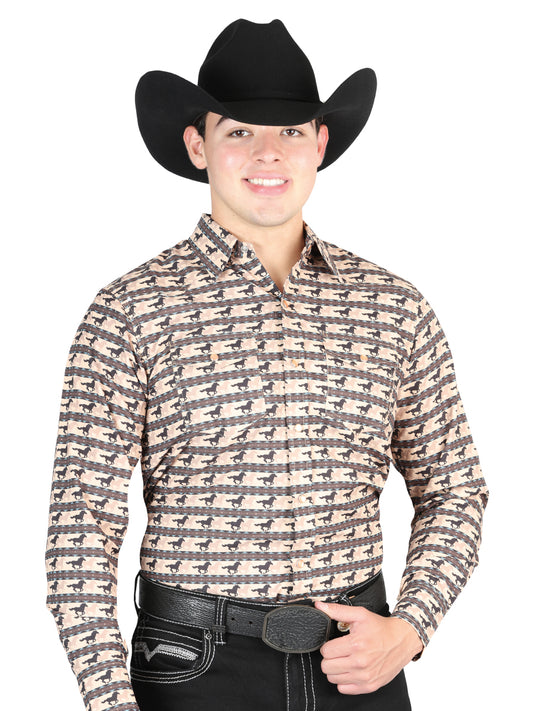 Men's Brick Printed Long Sleeve Denim Shirt 'El General' - ID: 44329 Western Shirt El General Brick