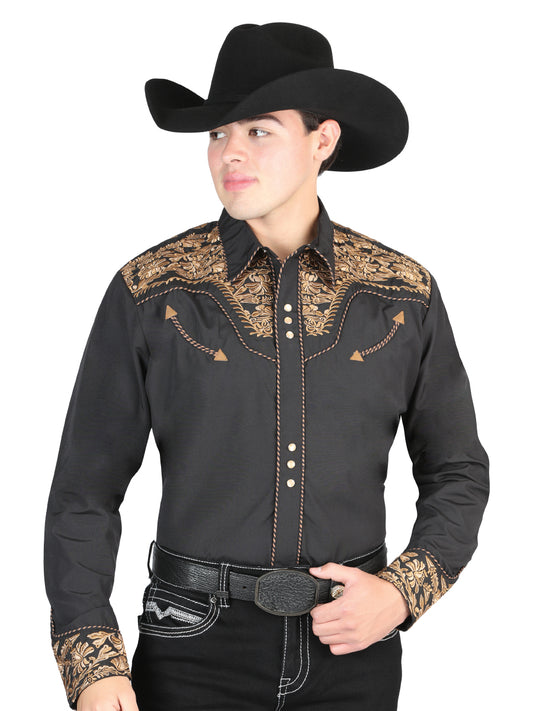 Embroidered Long Sleeve Black/Gold Denim Shirt for Men 'El General' - ID: 44332 Western Shirt El General Black/Gold