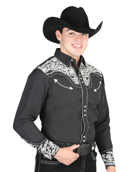 Camisa Vaquera Bordada Manga Larga Negro/Plata para Hombre 'El General' - ID: 44333 Western Shirt El General Black/Silver