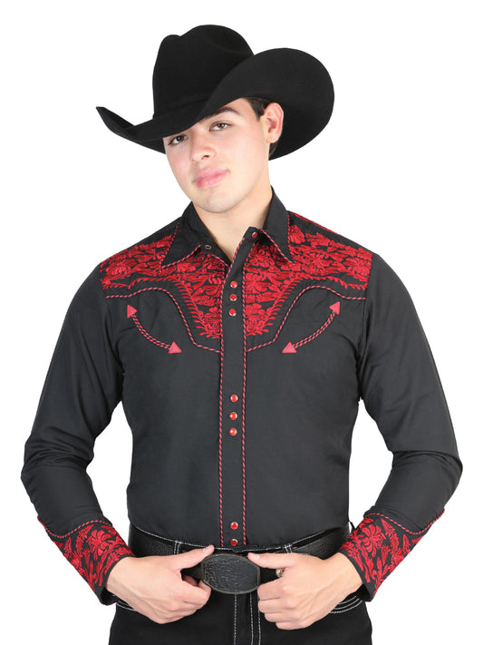 Camisa Vaquera Bordada Manga Larga Negro/Rojo para Hombre 'El General' - ID: 44335 Camisas Bordadas El General Black/Red
