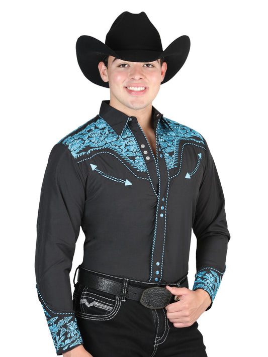Embroidered Long Sleeve Black/Blue Denim Shirt for Men 'El General' - ID: 44337 Western Shirt El General Black/Blue