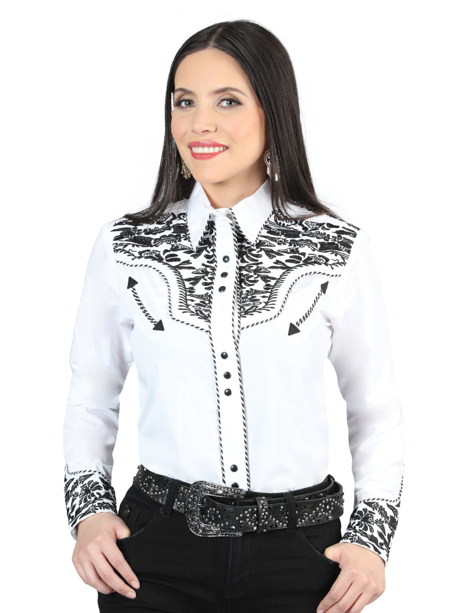 Camisa Vaquera Bordada Manga Larga Blanco/Negro para Mujer 'El General' - ID: 44343 Camisas Bordadas El General White/Black