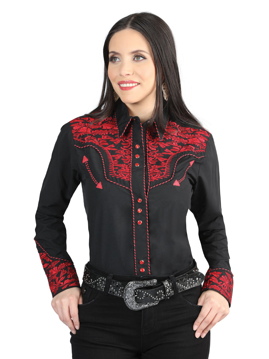 Camisa Vaquera Bordada Manga Larga Negro/Rojo para Mujer 'El General' - ID: 44344 Camisas Bordadas El General Black/Red