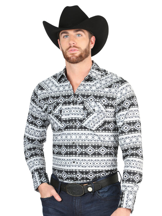 Long Sleeve Denim Shirt with White/Black Printed Brooches for Men 'The Lord of the Skies' - ID: 44393