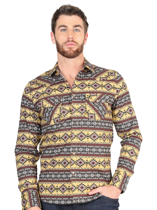 Yellow Printed Long Sleeve Denim Shirt for Men 'The Lord of the Skies' - ID: 44394