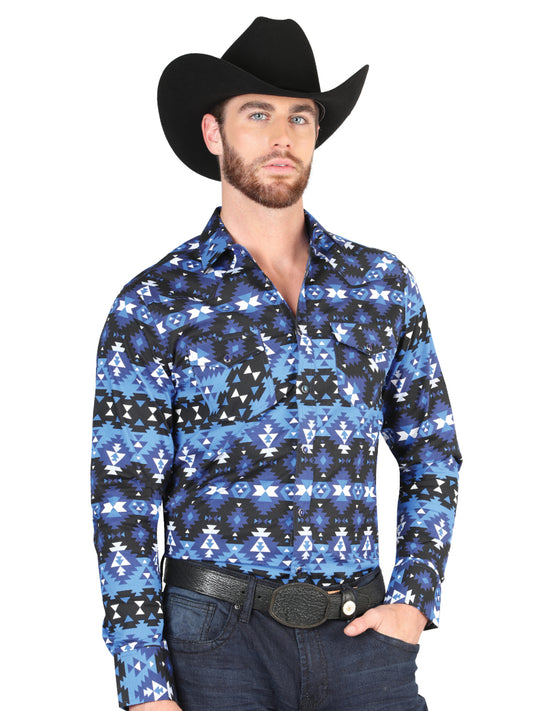 Camisa Vaquera Manga Larga de Broches Estampada Azul para Hombre 'El Señor de los Cielos' - ID: 44398