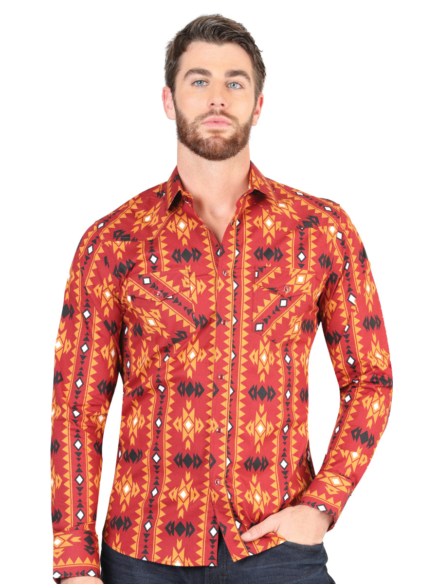 Camisa Vaquera Manga Larga de Broches Estampada Ladrillo para Hombre 'El Señor de los Cielos' - ID: 44400 Camisas Estampadas El Señor de los Cielos Brick