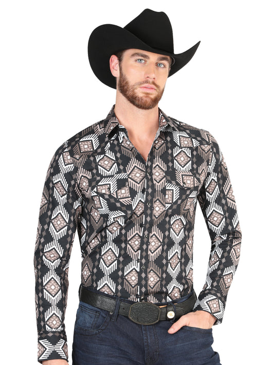 Black Printed Long Sleeve Denim Shirt for Men 'El Señor de los Cielos' - ID: 44402 Western Shirt El Señor de los Cielos Black