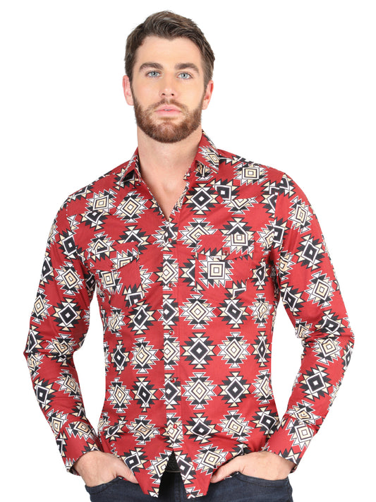 Red Printed Long Sleeve Denim Shirt for Men 'The Lord of the Skies' - ID: 44404