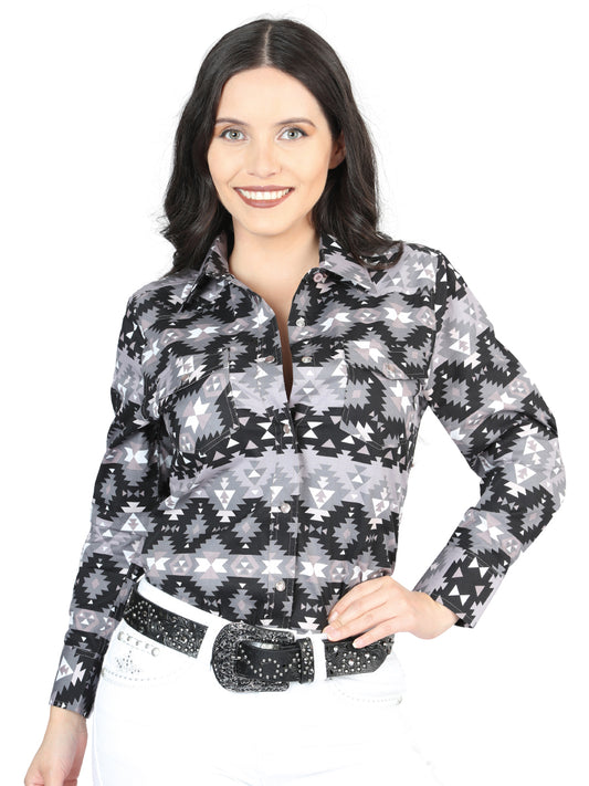 Black Printed Long Sleeve Denim Shirt with Brooches for Women 'The Lord of the Skies' - ID: 44409