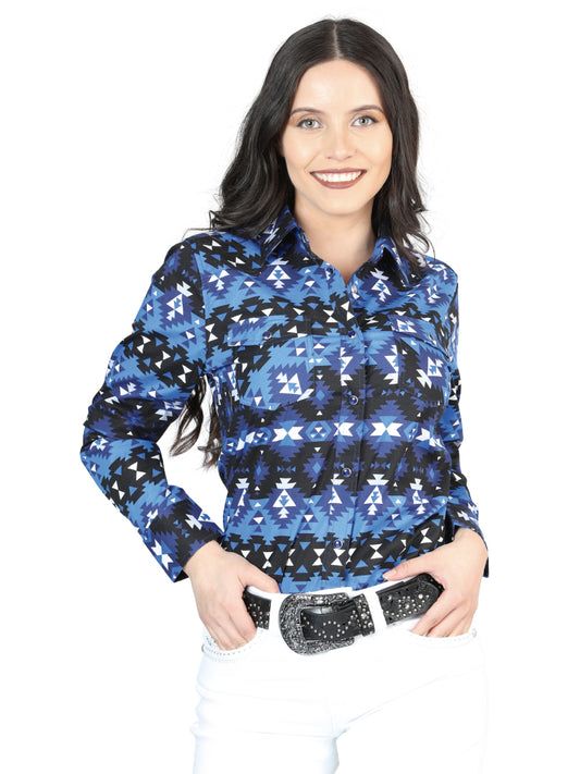 Camisa Vaquera Manga Larga de Broches Estampada Azul para Mujer 'El Señor de los Cielos' - ID: 44410