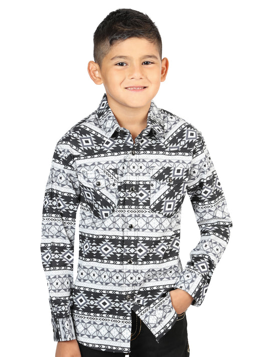 White/Black Printed Long Sleeve Denim Shirt for Children 'The Lord of the Skies' - ID: 44411