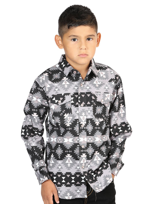 Camisa Vaquera Manga Larga de Broches Estampada Negro para Niños 'El Señor de los Cielos' - ID: 44415