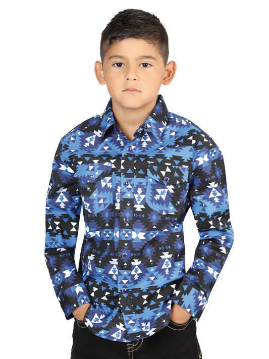 Camisa Vaquera Manga Larga de Broches Estampada Azul para Niños 'El Señor de los Cielos' - ID: 44416