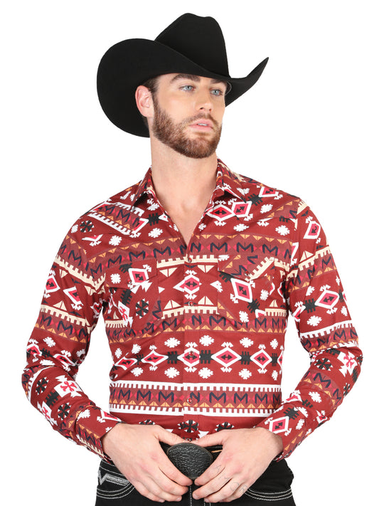 Red Printed Long Sleeve Denim Shirt for Men 'The Lord of the Skies' - ID: 44418