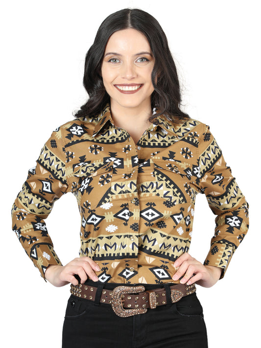 Mustard Printed Long Sleeve Denim Shirt with Snaps for Women 'The Lord of the Skies' - ID: 44421