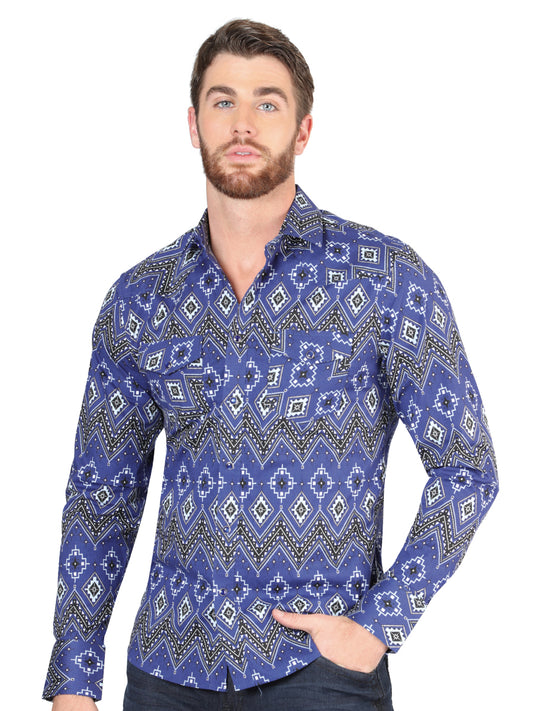 Camisa Vaquera Manga Larga de Broches Estampada Azul para Hombre 'El Señor de los Cielos' - ID: 44429