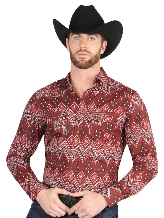 Long Sleeve Denim Shirt with Burgandy Printed Brooches for Men 'The Lord of the Skies' - ID: 44431