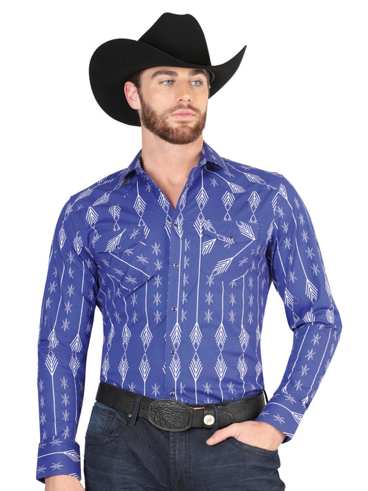 Long Sleeve Denim Shirt with Blue / White Printed Brooches for Men 'The Lord of the Skies' - ID: 44434