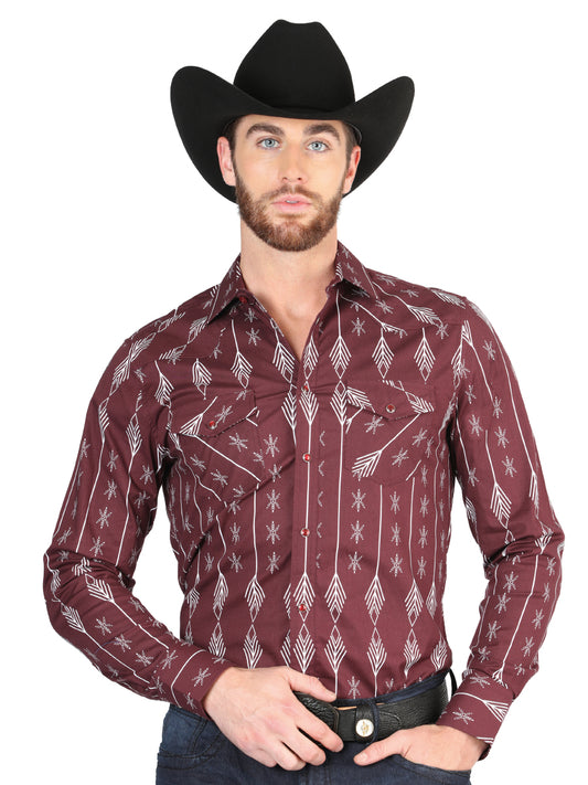 Long Sleeve Denim Shirt with Burgandy Printed Brooches for Men 'The Lord of the Skies' - ID: 44435