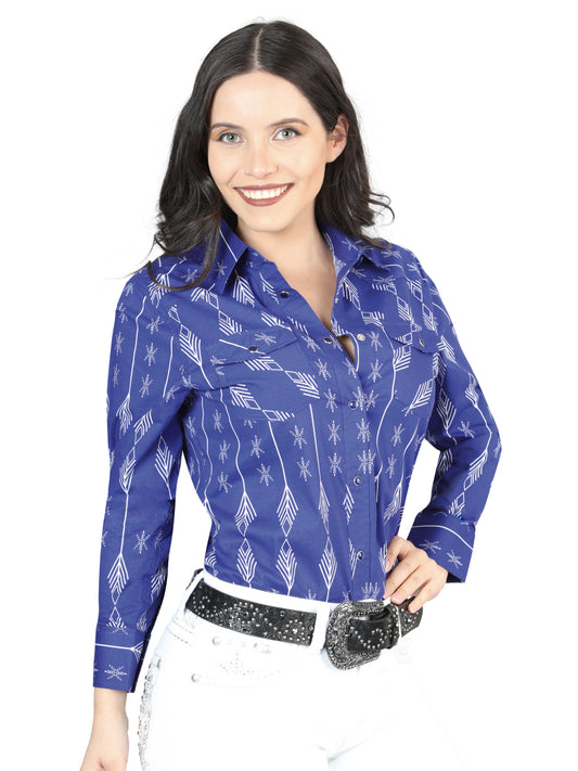 Camisa Vaquera Manga Larga de Broches Estampada Azul/Blanco para Mujer 'El Señor de los Cielos' - ID: 44437