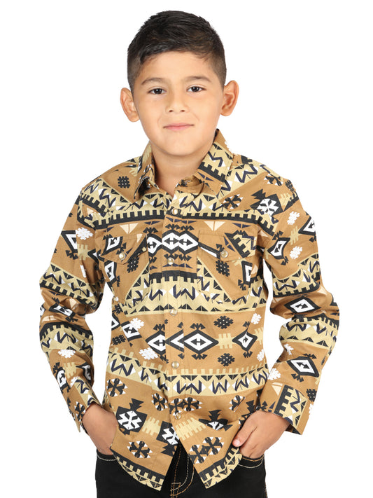 Mustard Printed Long Sleeve Denim Shirt with Snaps for Children 'The Lord of the Skies' - ID: 44442