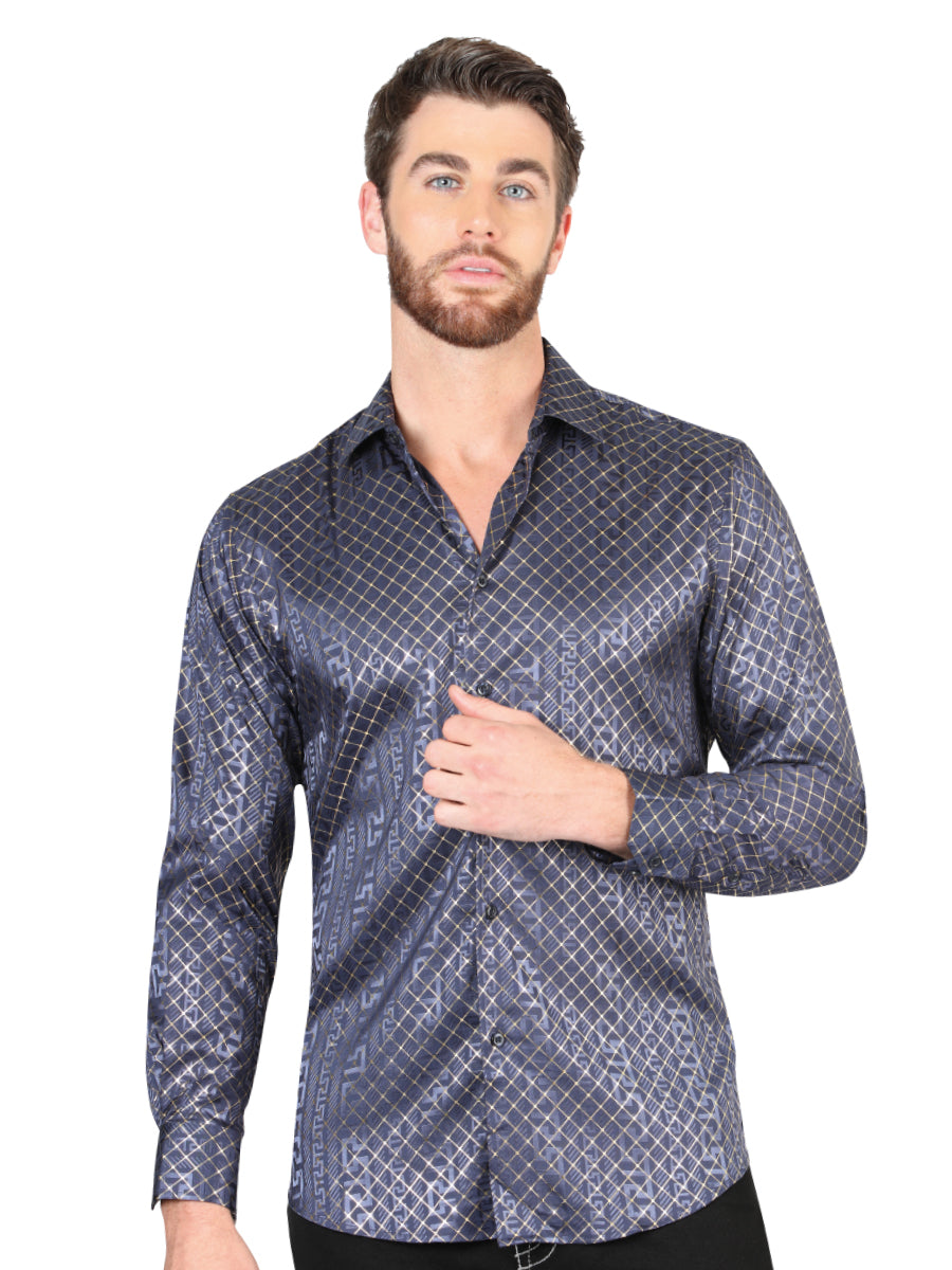 Navy Blue Printed Long Sleeve Casual Shirt for Men 'The Lord of the Skies' - ID: 44551
