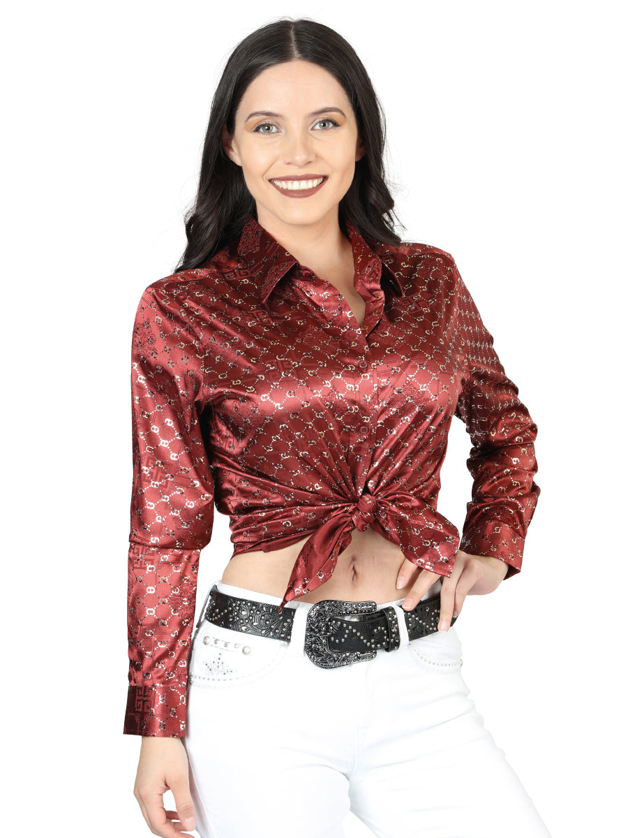 Burgandy Printed Long Sleeve Casual Blouse for Women 'The Lord of the Skies' - ID: 44555