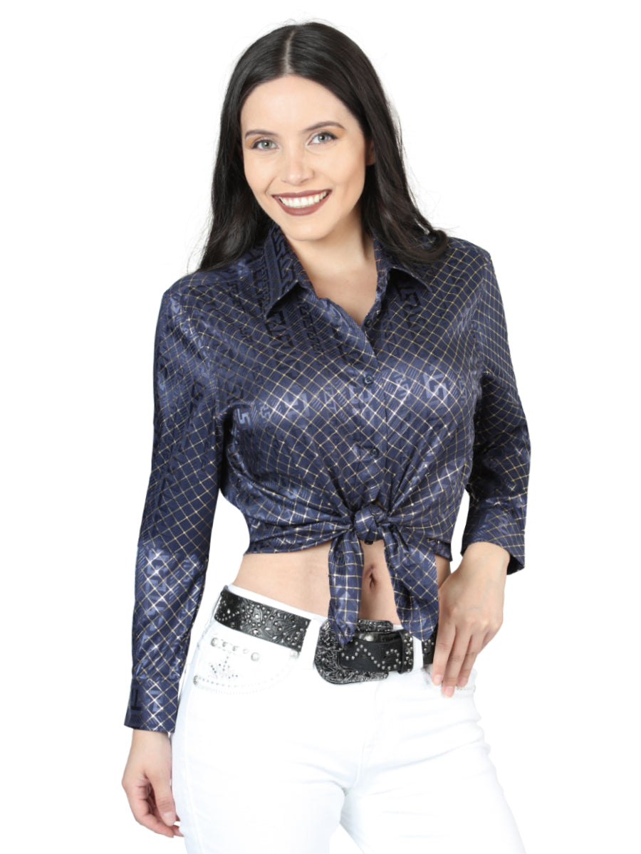 Navy Blue Printed Long Sleeve Casual Blouse for Women 'The Lord of the Skies' - ID: 44560